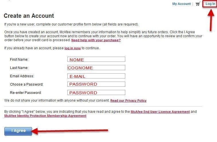 un account McAfee, creare un nuovo account. Per chi a già un account ...